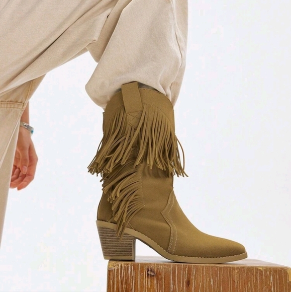 Women's Brown Fringe Slip-On Boots, Faux Suede Luxurious Fashion Versatile - Picture 1 of 5